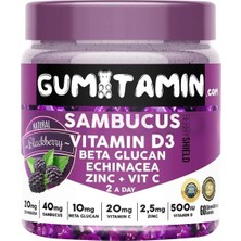 4 Adet Gumitamin Sambucus Multivitamin Karamürver, Vitamin C+D3, Çinko, Beta Glukan Doğal Böğürtlen Aromalı 180 gr