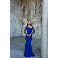 Defy Moda Kadın Asimetrik Yaka Taş Detaylı Maxi Abiye Elbise