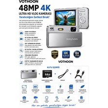 TeknoKapsül Dijital Kamera 4K Hd 48MP 8x Zoom Flaşlı Kayar Retro Video Kamera 2.4’’ Ekran 64GB Sd Kart Hediyeli Gümüş