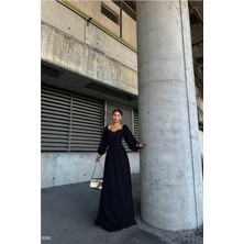 Defy Moda Kadın Saten Kumaş Kare Yaka Maxi Abiye Elbise