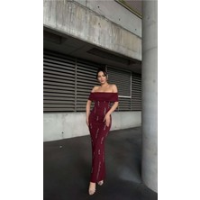 Defy Moda Kadın Scuba Esnek Kumaş Straplez Taş Detaylı Abiye Elbise