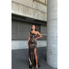 Defy Moda Kadın Kadife Kumaş Asimetrik Yaka Payetli Abiye Elbise