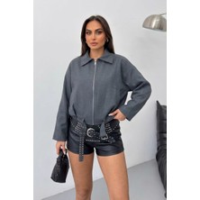 Msm Fashion Kadın Bomber Ceket Kısa Kemerli Uzun Kollu Fermuarlı Gömlek Yaka Düşük Omuz Ceket Mont