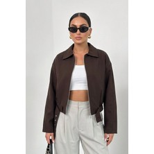 Msm Fashion Kadın Bomber Ceket Kısa Kemerli Uzun Kollu Fermuarlı Gömlek Yaka Düşük Omuz Ceket Mont