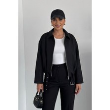 Msm Fashion Kadın Bomber Ceket Kısa Kemerli Uzun Kollu Fermuarlı Gömlek Yaka Düşük Omuz Ceket Mont