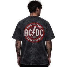 Sevbano Ac Dc Rock Metal Müzik Grubu Baskılı Unisex Oversize Eskitme Yıkamalı Tişört