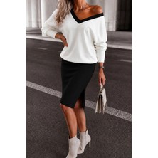 Defy Moda Kadın Uzun Kollu V Yakalı Modal Bluz ve Yırtmaçlı Kısa Modal Etek Ikili Takım