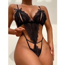 İpeknur Arias Closet Fiyonklu Dantelli Siyah Fantezi Body