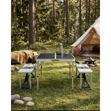 Modulbox Katlanabilir, Alüminyum 67X85,5 cm Kendinden 4 Tabureli, Siyah Renk, Kamp Masa Takımı, Piknik Masa Takımı
