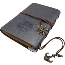 Happy Trend Retro Vintage Pusula Baskılı Çapa ve Dümen Kolye Uçlu Deri Kapaklı Günlük Not Defteri Denizci Defter Özel Tasarım Hediyelik Gri