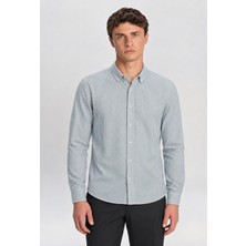 Tena Erkek Mavi-Beyaz Uzun Kol Ripaş Dalgıç Çizgili Slim Fit Gömlek