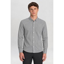 Tena Erkek Lacivert-Beyaz Uzun Kol Ripaş Dalgıç Çizgili Slim Fit Gömlek