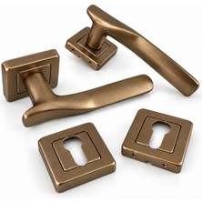 Badem10 Alm Royal (1 Takım) Bronz Renk Kare Rozetli Yale Dış Kapı Uygun Metal Kapı Kolu Kol