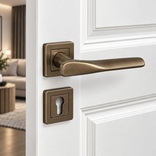 Badem10 Alm Royal (1 Takım) Bronz Renk Kare Rozetli Yale Dış Kapı Uygun Metal Kapı Kolu Kol