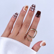 Takma Takma Kahverengi Nail Art Kısa Kare 10'lu Tekrar Kullanılabilir El Yapımı Protez Takma Tırnak KKKR1575  Kahverengi-Xs