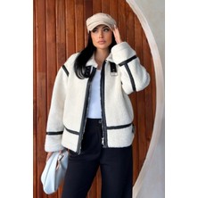 AKD Atelier Kadın Peluş Ceket Kısa Fermuarlı Çift Cepli Beli ve Yakası Kemerli Uzun Kollu Düşük Omuz  Peluş Mont