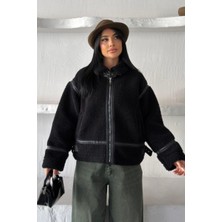 AKD Atelier Kadın Peluş Ceket Kısa Fermuarlı Çift Cepli Beli ve Yakası Kemerli Uzun Kollu Düşük Omuz  Peluş Mont