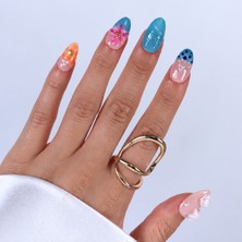 Takma Takma Renkli Nail Art Kısa Badem 15'li Tekrar Kullanılabilir El Yapımı Protez Takma Tırnak KKBD-3504 Renkli-Xs
