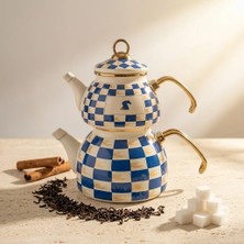 Qussine İndüksiyon Tabanlı Damalı Emaye Çaydanlık Takımı Alt Demlik 2,3 Lt Üst Demlik 1,1 Lt