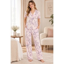 Lilac Kadın %100 Viskon Pudra Pembe Çiçek Desenli Gömlek Yaka Pijama Takımı