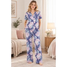 Lilac Kadın %100 Viskon Çiçek Desenli Gömlek Yaka Mor Pijama Takımı