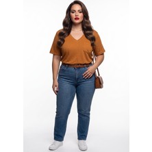 Faik Sönmez Kadın Büyük Beden V Yaka Kısa Kollu Cepli Pamuklu T-Shirt