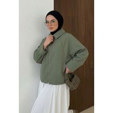 Modestim Kadın Haki Yarasa Kol Fermuarlı Gömlek Yaka Oversize Bombet Ceket