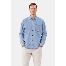 Sabri Özel Buz Mavisi Regular Fit Pamuk Cepli Uzun Kollu Denim Ceket Gömlek