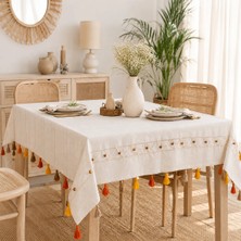 Ödel Home El Yapımı Boncuklu Püsküllü Naturel Masa Örtüsü