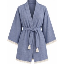 Mandaş Kimono Müslin 2 Katlı Peştemal Bornoz (Beden L-Xl) - Indigo