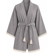 Mandaş Kimono Müslin 2 Katlı Peştemal Bornoz (Beden L-Xl) - Gri