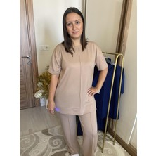 Lotus Butik Esnek Yumuşak Pamuklu Modal Kumaş Kısa Kollu Tunik Boy Çimalı Yüksek Bel Eşofman Takımı