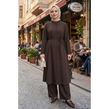 Modestim Kadın Kahve Hakim Yaka Uzun Tunikli Pantolonlu Tesettür Takım Kombin