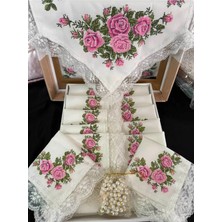 Çt Çeyizci Tekstil Kanaviçe Masa Örtüsü 12 Kişilik Pembe Yemek Seti – 26 Parça 160X220CM Kanaviçe Baskılı Yemek Seti