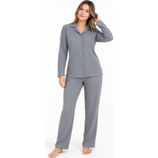 Sleeproom Kadın Bürümcük Düğmeli Gri Pijama Takımı