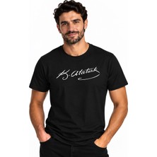Etifa Tekstil Etifa Atatürk Imzalı Siyah Premium Unisex %100 Pamuk Beyaz Baskılı Tişört