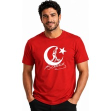 Etifa Tekstil Etifa Atatürk Ay Yıldız Imzalı Premium Unisex %100 Pamuk Kırmızı Tişört Beyaz Baskı