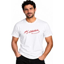 Etifa Tekstil Etifa Atatürk Imzalı Beyaz Premium Unisex %100 Pamuk Kırmızı Baskılı Tişört