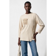 Scl Kadın Bisiklet Yaka Cepli Asimetrik Tasarım Uzun Kollu Sweatshirt