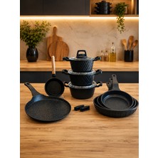 Lavonni Obsidyen Supreme Set 12 Parça Döküm Granit Tencere, Tava, Krep Tava ve Sosluk Seti 16-18-20 cm Derin Tencere 20-24-28 cm Tava 26 cm Krep Tava 14 cm Sosluk Siyah