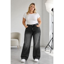 Shevega Kadın Büyük Beden Füme Işlemeli Arka Lastikli Boru Paça Denim Pantolon