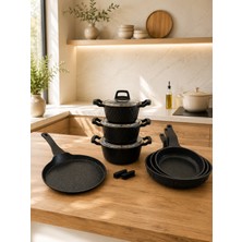 Lavonni Obsidyen Complete Set 10 Parça Döküm Granit Tencere, Tava ve Krep Tava Seti 16-18-20 cm Derin Tencere 20-24-28 cm Tava 26 cm Krep Tava Siyah