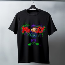 Mickey Mouse Graffiti Baskılı Unisex Siyah Oversize Tişört - 24/1 Penye