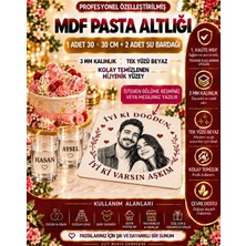 Kişiye Özel Fotoğraflı Mdf Pasta Altlığı ve Isimli 2 Kulplu Bardak Seti