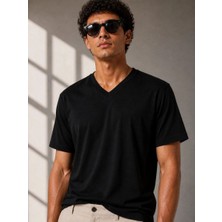Erkek V Yaka Basic Tişört Kısa Kol Yazlık Regular Fit T-Shirt - Siyah