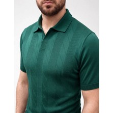 Erkek Yazlık Triko Dokuma Tişört Kısa Kol Polo Yaka T-Shirt - Koyu Yeşil