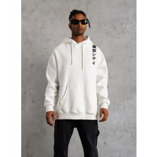 Erkek 3 Iplik Pamuklu Kapüşonlu Baskılı Cepli Oversize Sweatshirt Hoodie - Beyaz