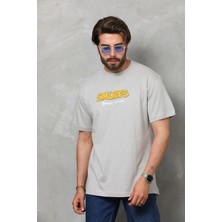 Erkek Kısa Kol Yazlık Tişört Bisiklet Yaka Baskılı Oversize T-Shirt - Gri