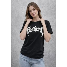 Kadın Kısa Kol Yazlık Tişört Bisiklet Yaka Baskılı Oversize T-Shirt - Siyah