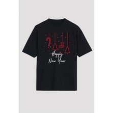 Yılbaşı Happy New Year Baskılı Kısa Kollu Oversize Bisiklet Yaka T-Shirt - Siyah